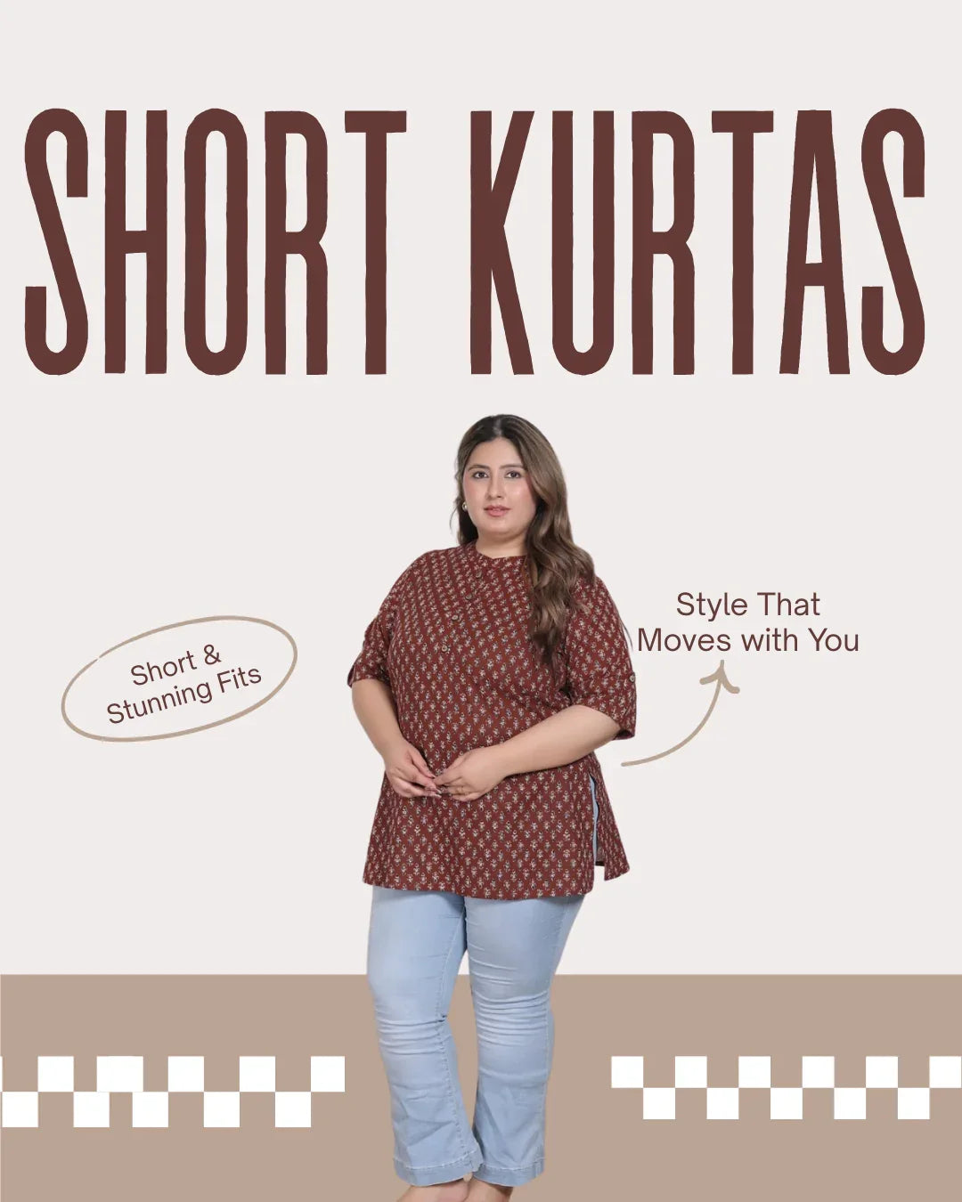 Plus size woman wearing brown printed short kurta with light blue jeans, stylish and comfortable fit