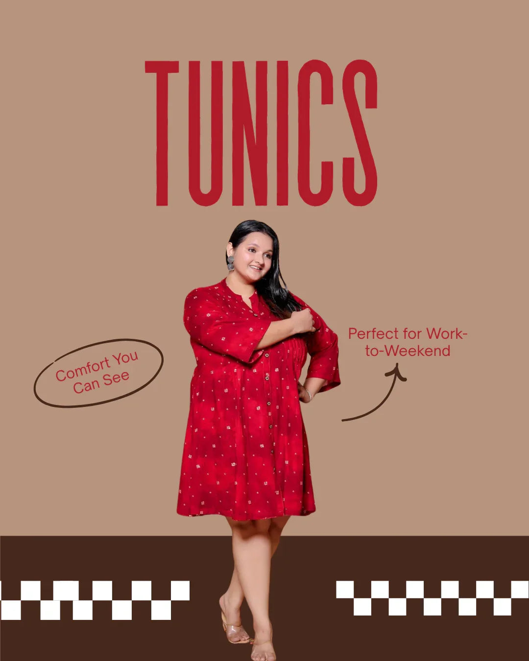 Smiling woman in red printed tunic dress posing on brown background with text about comfort and work-to-weekend wear