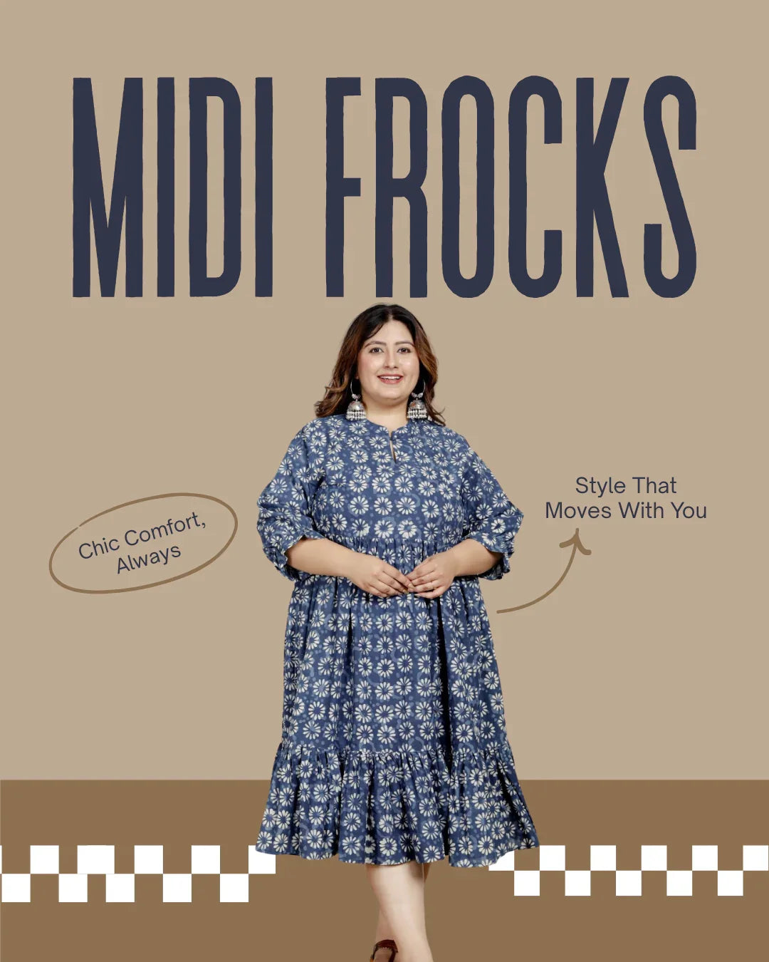 Plus size woman wearing blue floral midi frock with ruffle hem and statement earrings