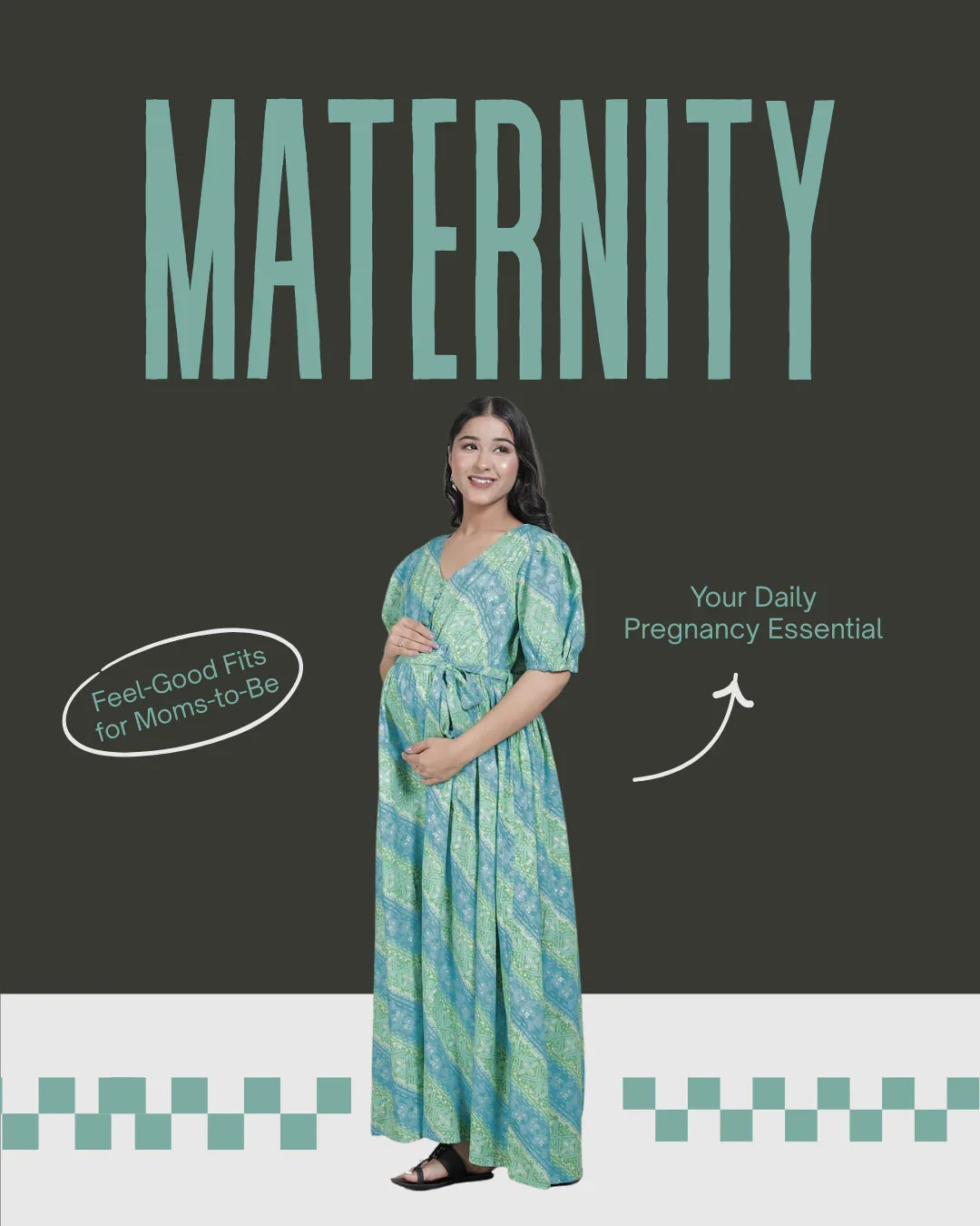 Pregnant woman in blue-green patterned maternity dress with text Maternity and pregnancy essentials