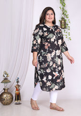 Plus Size Black Cotton Floral Print Straight Kurta-100004