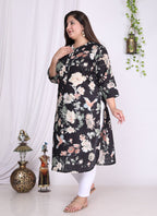 Plus Size Black Cotton Floral Print Straight Kurta-100004