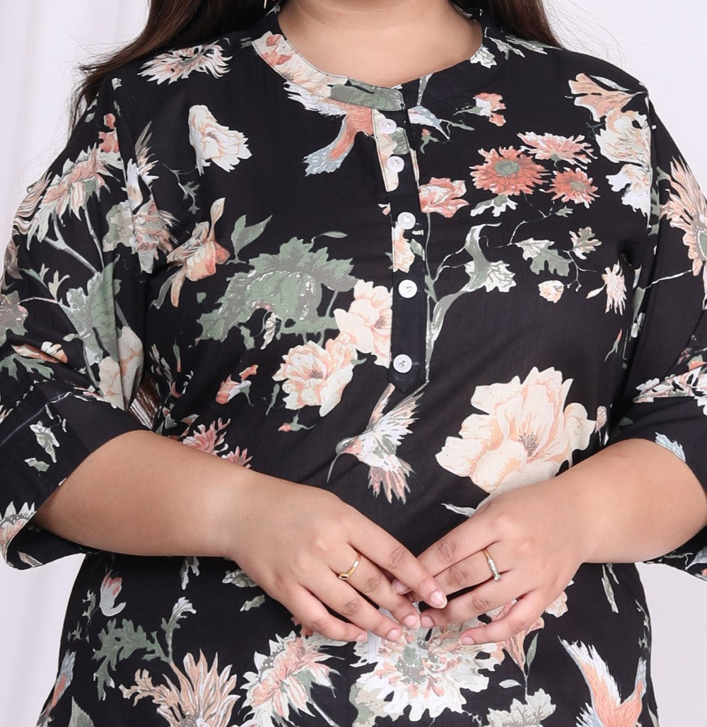 Plus Size Black Cotton Floral Print Straight Kurta-100004