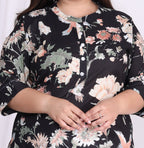 Plus Size Black Cotton Floral Print Straight Kurta-100004