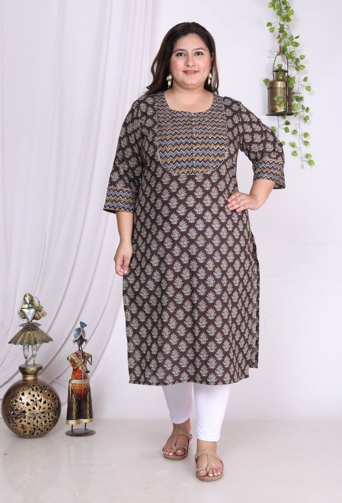 Plus Size Brown Cotton Floral Print Straight Kurta-100005