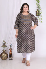 Plus Size Brown Cotton Floral Print Straight Kurta-100005