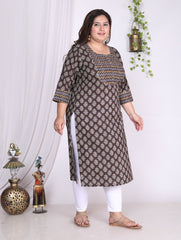 Plus Size Brown Cotton Floral Print Straight Kurta-100005