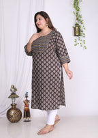 Plus Size Brown Cotton Floral Print Straight Kurta-100005