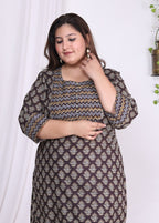 Plus Size Brown Cotton Floral Print Straight Kurta-100005