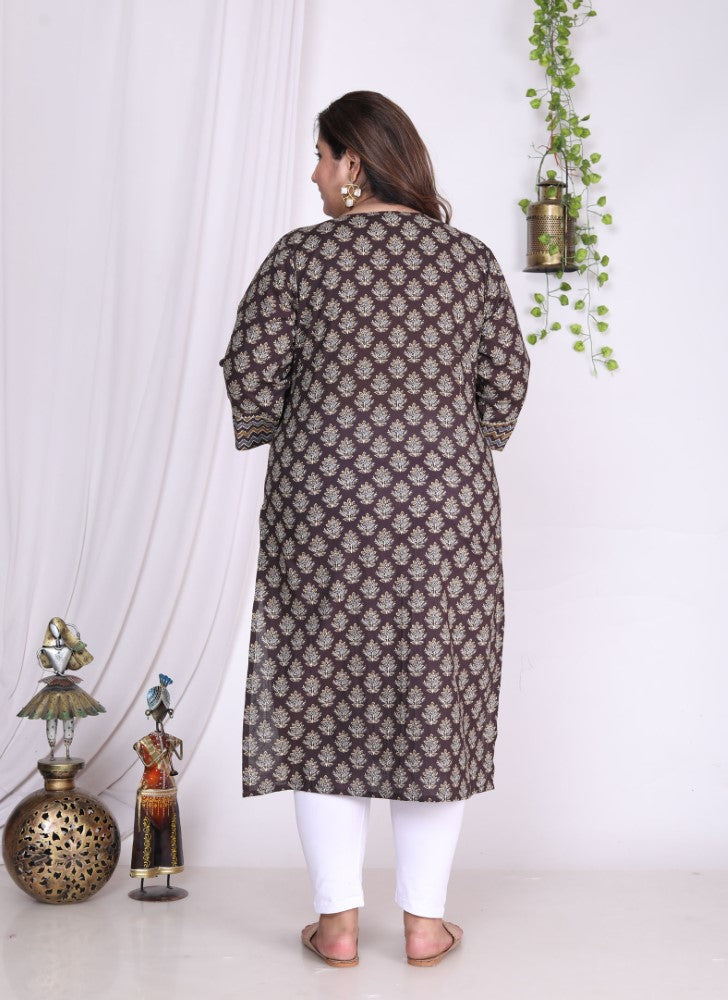 Plus Size Brown Cotton Floral Print Straight Kurta-100005