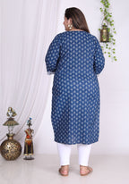 Plus Size Blue Cotton Floral Print Straight Kurta-100006