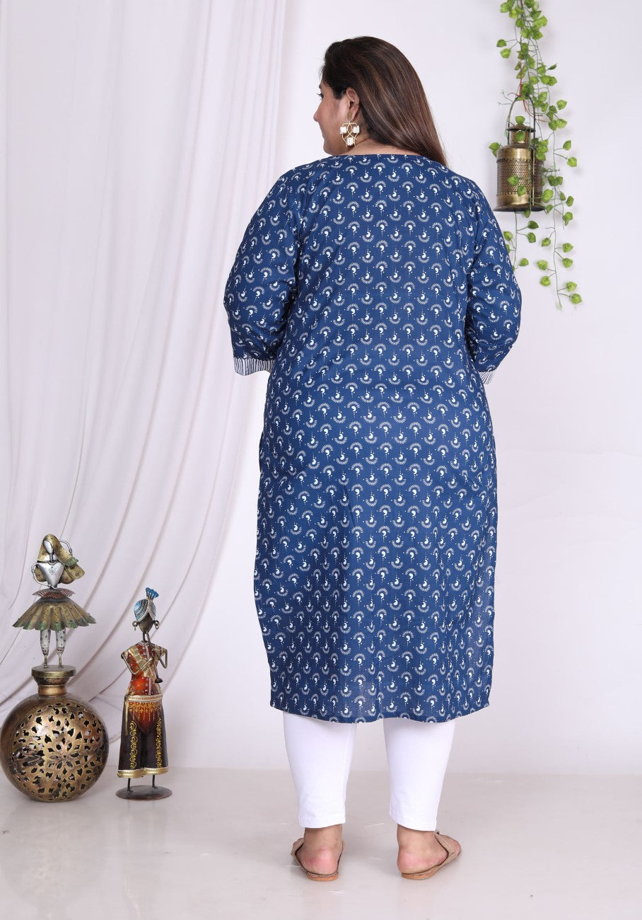 Plus Size Blue Cotton Floral Print Straight Kurta-100006
