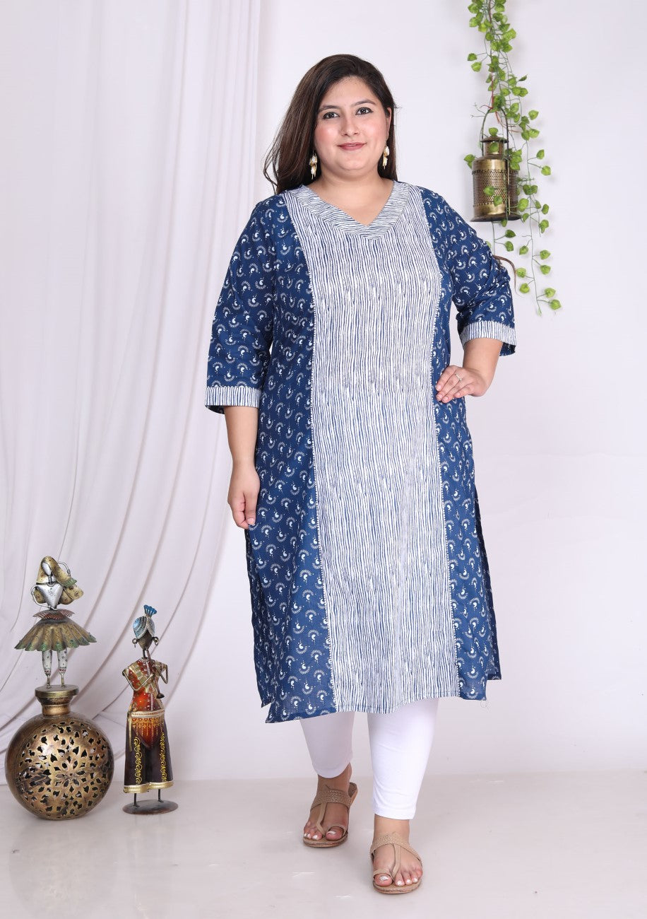 Plus Size Blue Cotton Floral Print Straight Kurta-100006