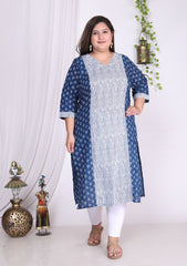 Plus Size Blue Cotton Floral Print Straight Kurta-100006