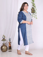 Plus Size Blue Cotton Floral Print Straight Kurta-100006