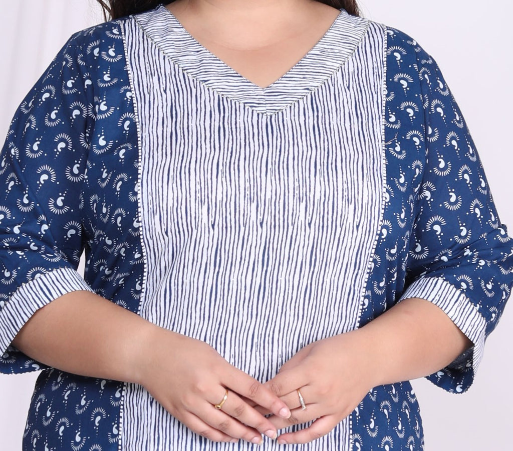 Plus Size Blue Cotton Floral Print Straight Kurta-100006