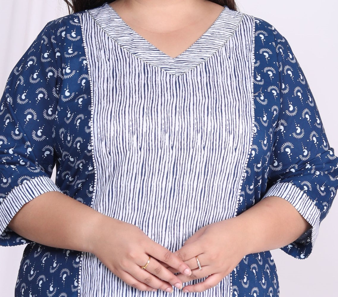 Plus Size Blue Cotton Floral Print Straight Kurta-100006