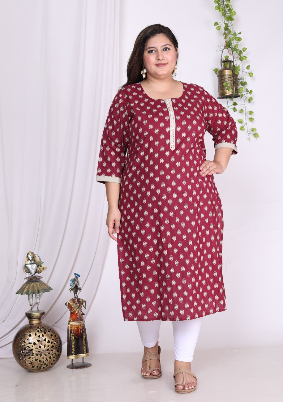 Maroon Pure Cotton Floral Print Straight Kurta-100007