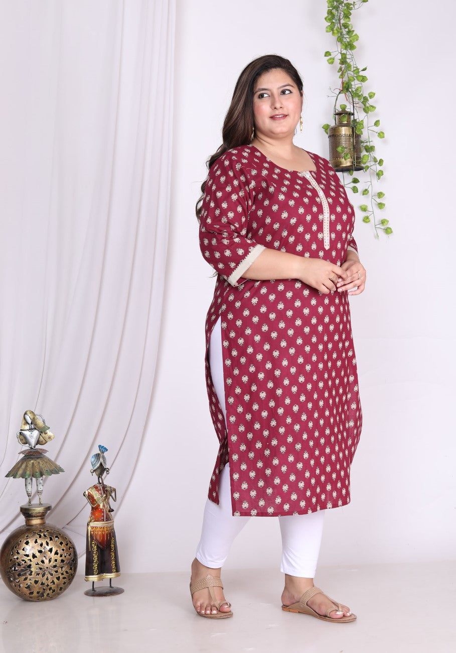 Maroon Pure Cotton Floral Print Straight Kurta-100007