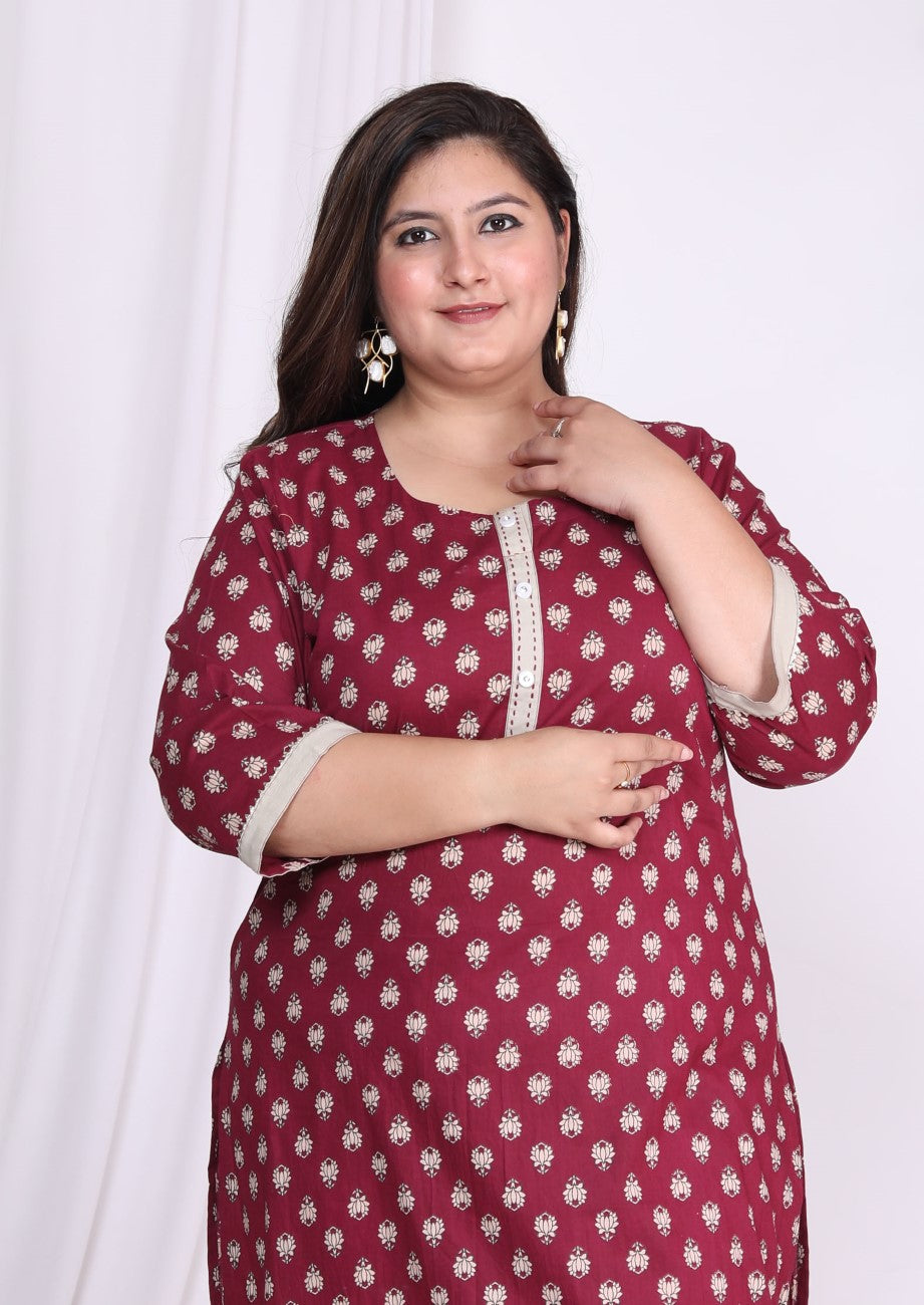 Maroon Pure Cotton Floral Print Straight Kurta-100007