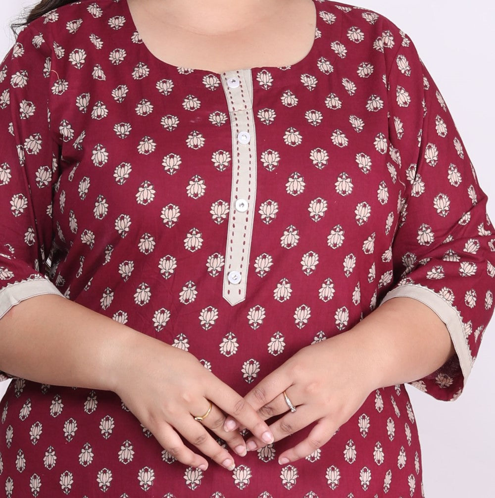 Maroon Pure Cotton Floral Print Straight Kurta-100007