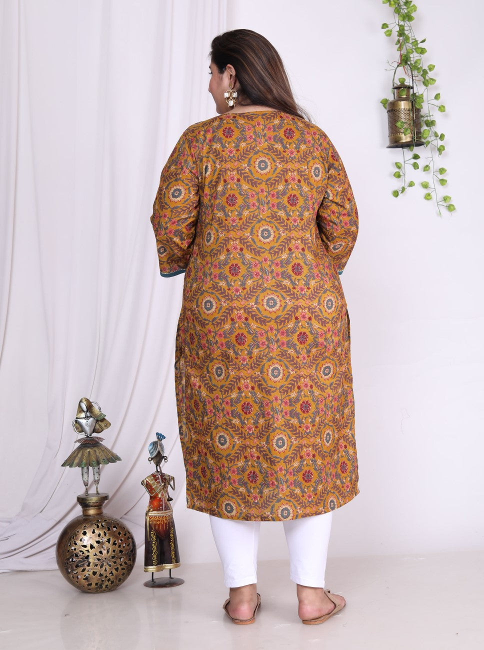 Plus Size Mustard Cotton  Print Straight Kurta-100008 Secondary image