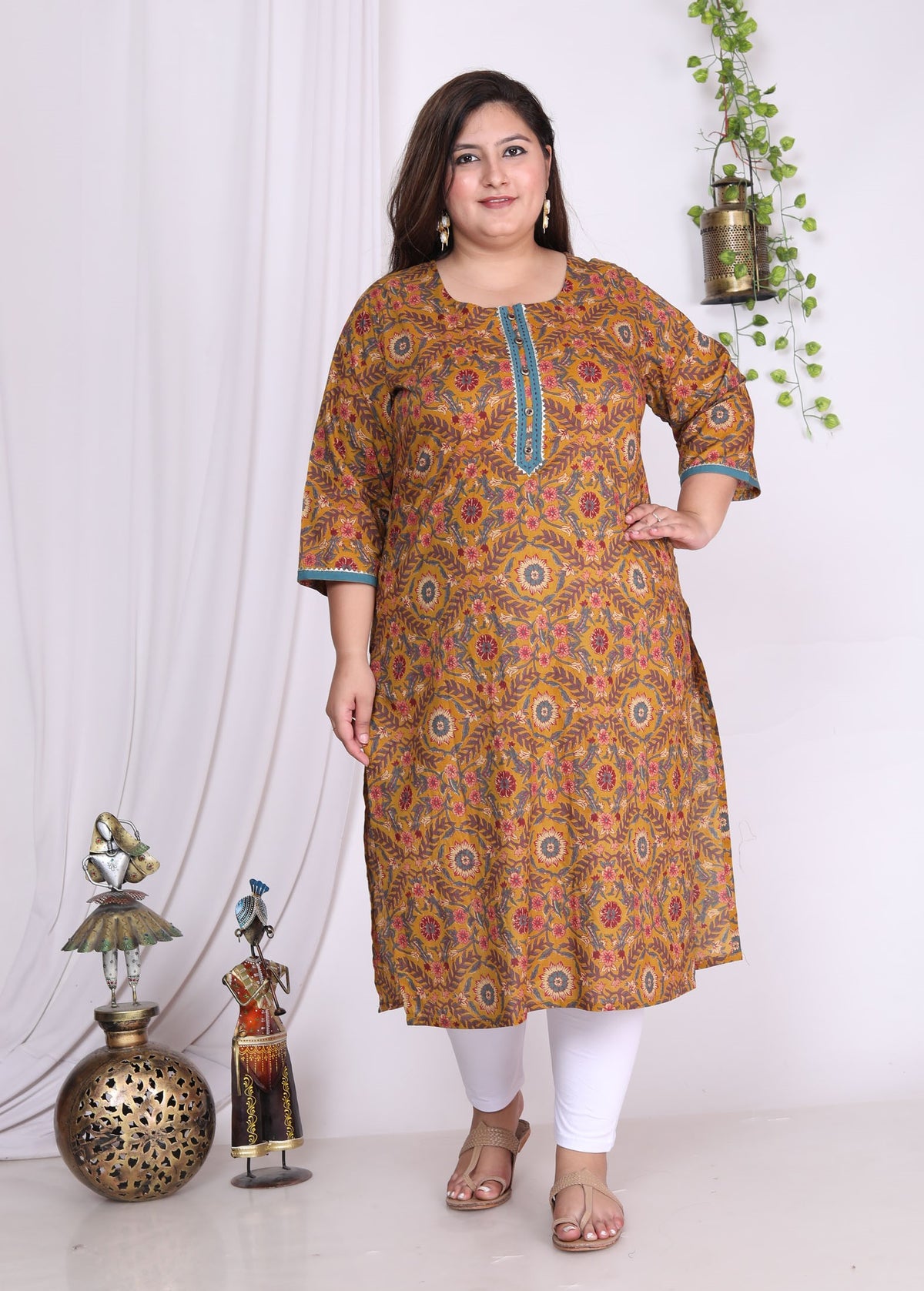 Plus Size Mustard Cotton  Print Straight Kurta-100008