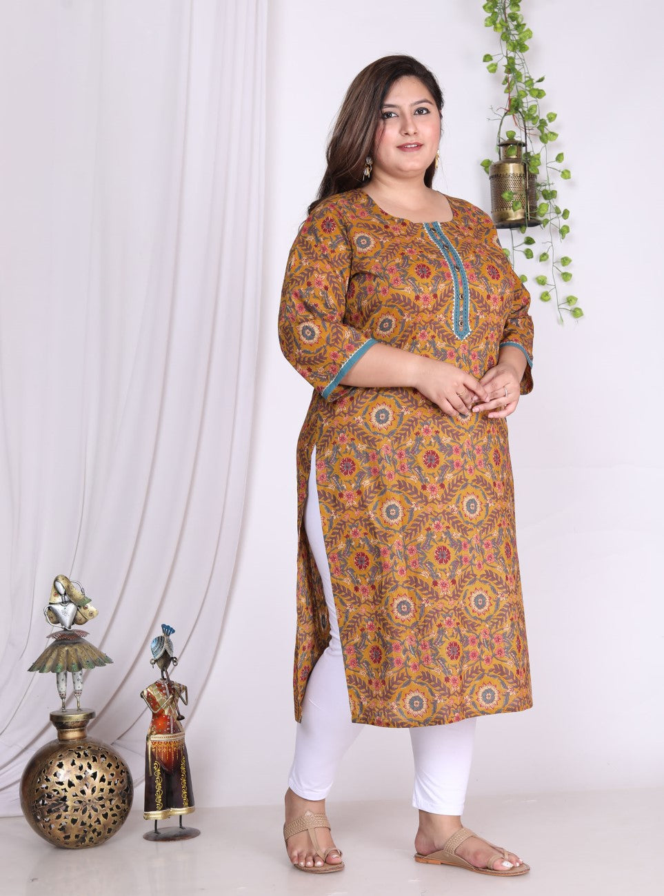 Plus Size Mustard Cotton  Print Straight Kurta-100008