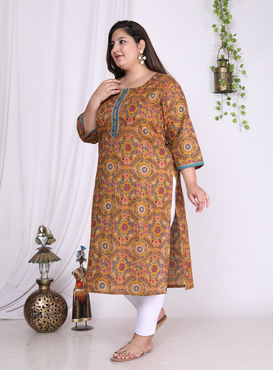 Plus Size Mustard Cotton  Print Straight Kurta-100008