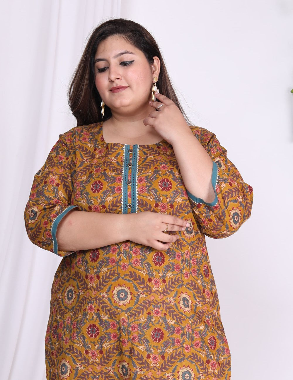 Plus Size Mustard Cotton  Print Straight Kurta-100008