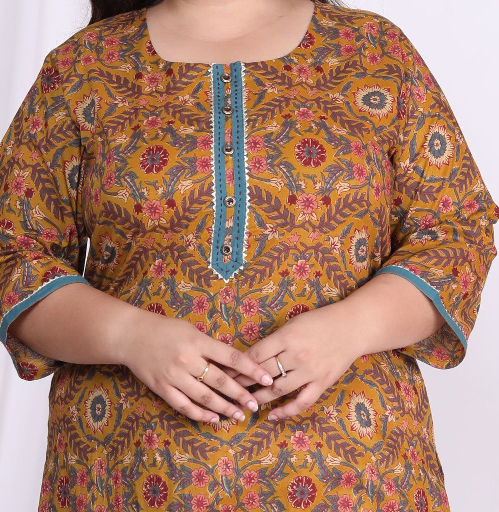 Plus Size Mustard Cotton  Print Straight Kurta-100008