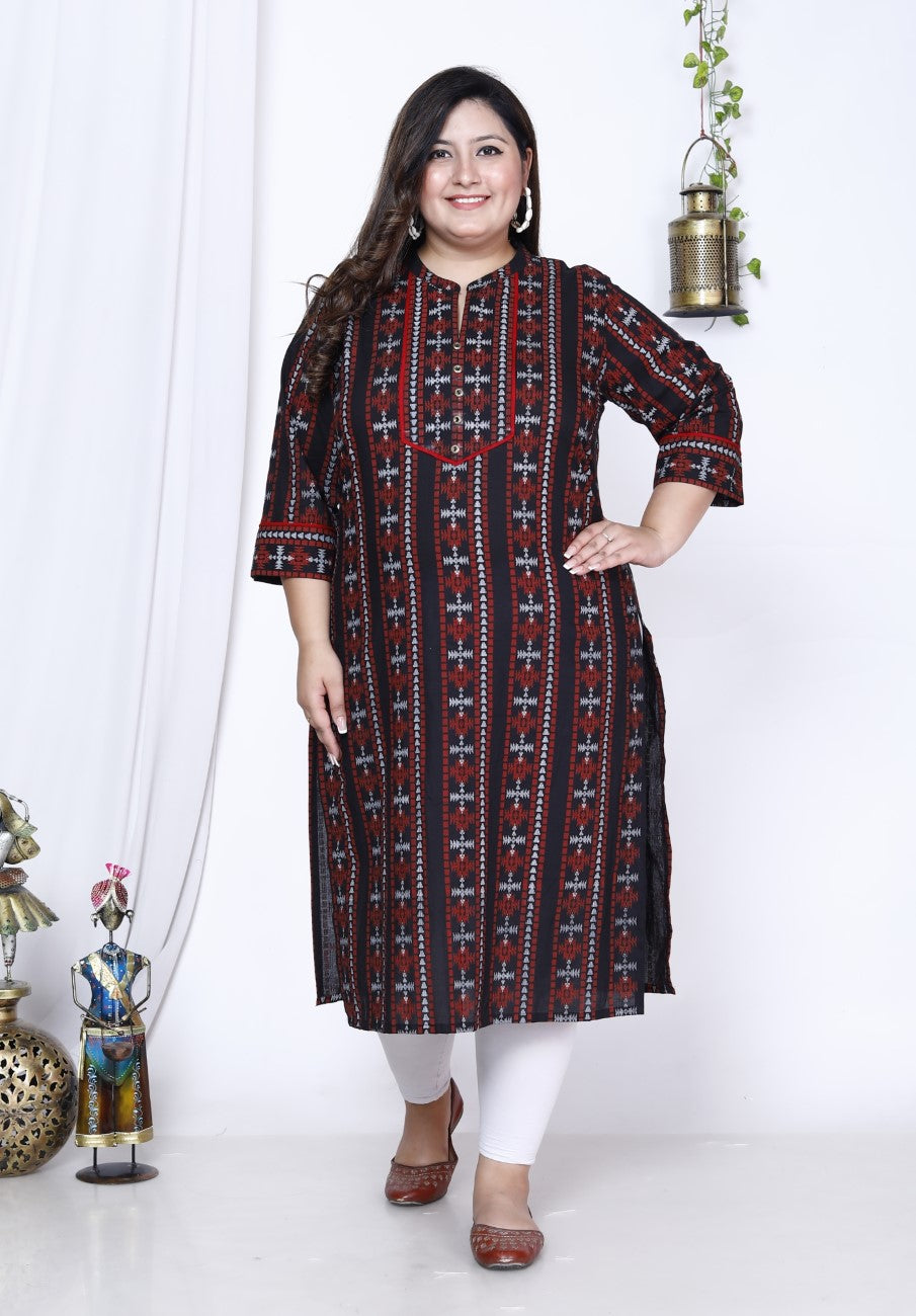 Plus Size Black Cotton Abstract Print Straight Kurta-100009 Secondary image