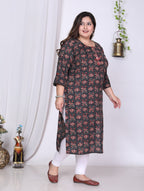 Plus Size Black Cotton Floral Print Straight Kurta-100014