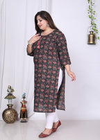Plus Size Black Cotton Floral Print Straight Kurta-100014