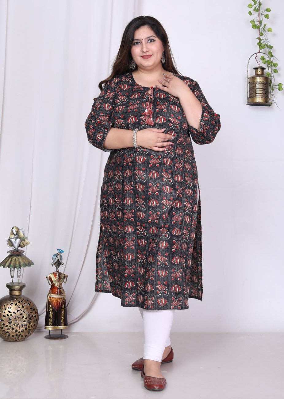Plus Size Black Cotton Floral Print Straight Kurta-100014