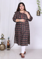 Plus Size Black Cotton Floral Print Straight Kurta-100014