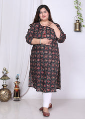 Plus Size Black Cotton Floral Print Straight Kurta-100014