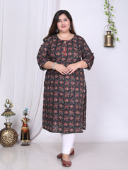 Plus Size Black Cotton Floral Print Straight Kurta-100014