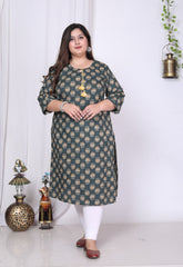 Plus Size Green Cotton Floral Print Straight Kurta-100015