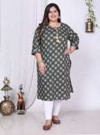 Plus Size Green Cotton Floral Print Straight Kurta-100015