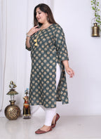 Plus Size Green Cotton Floral Print Straight Kurta-100015
