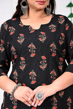 Plus Size Black Cotton Floral Print Straight Kurta-100016