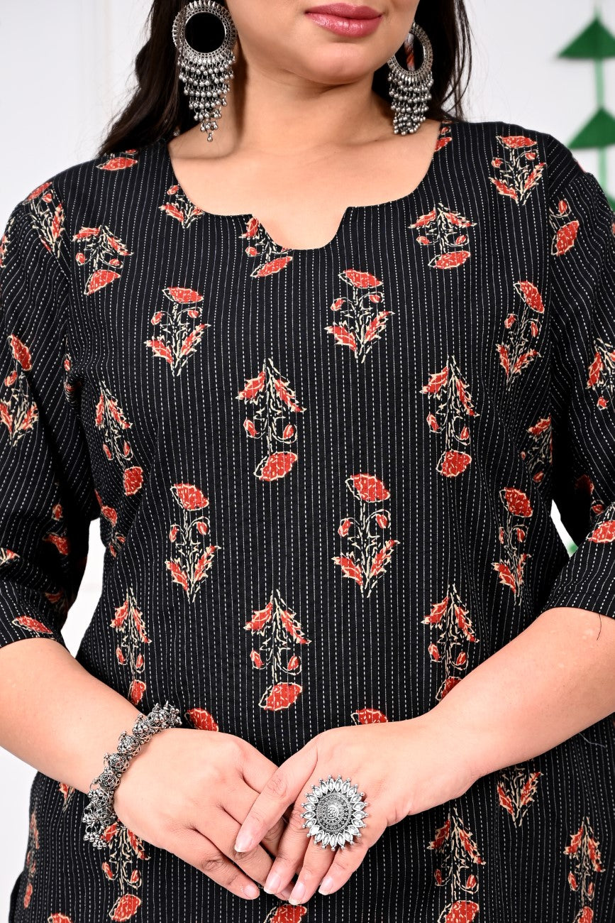 Plus Size Black Cotton Floral Print Straight Kurta-100016
