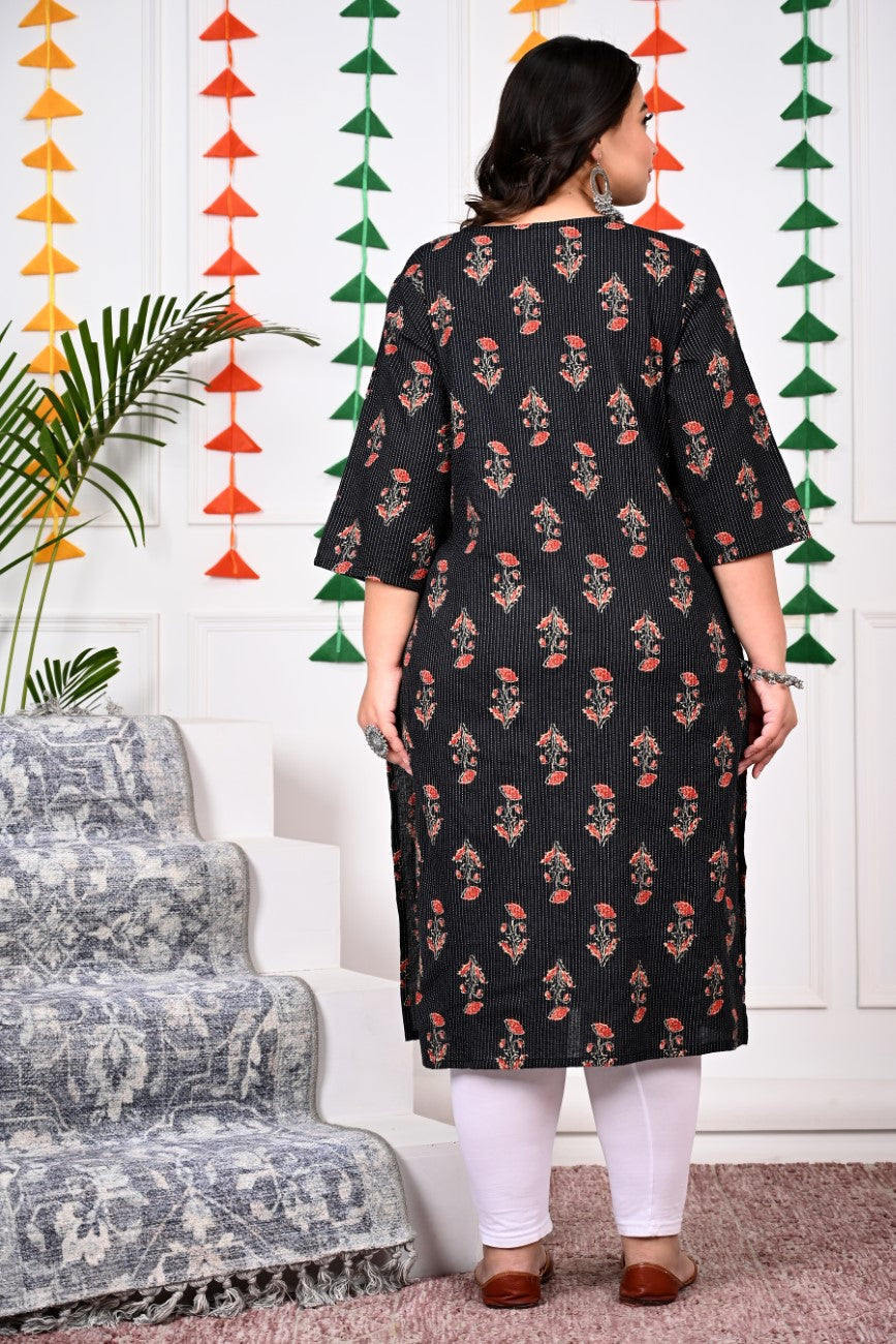 Plus Size Black Cotton Floral Print Straight Kurta-100016