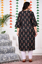 Plus Size Black Cotton Floral Print Straight Kurta-100016