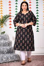 Plus Size Black Cotton Floral Print Straight Kurta-100016
