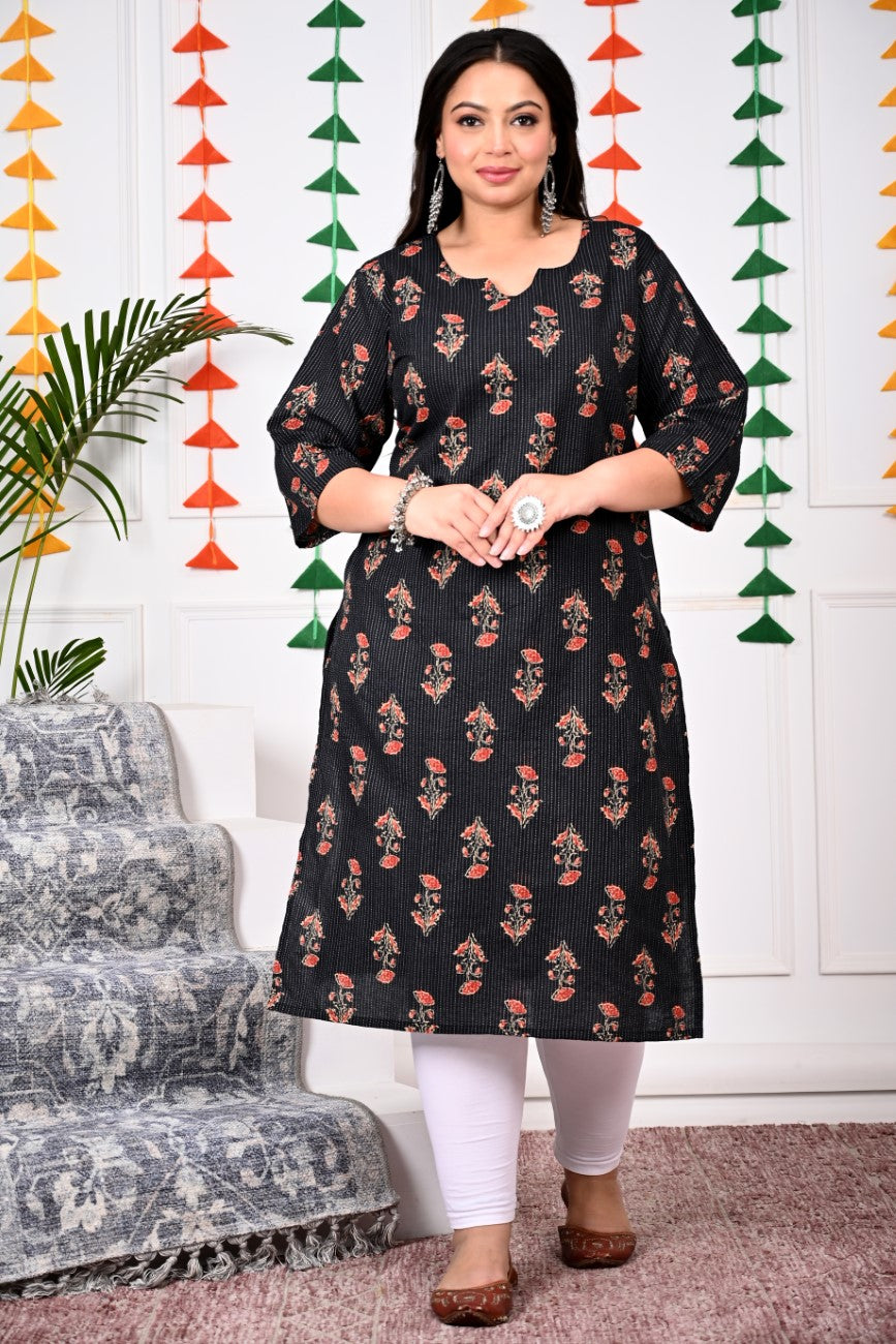 Plus Size Black Cotton Floral Print Straight Kurta-100016 Main image