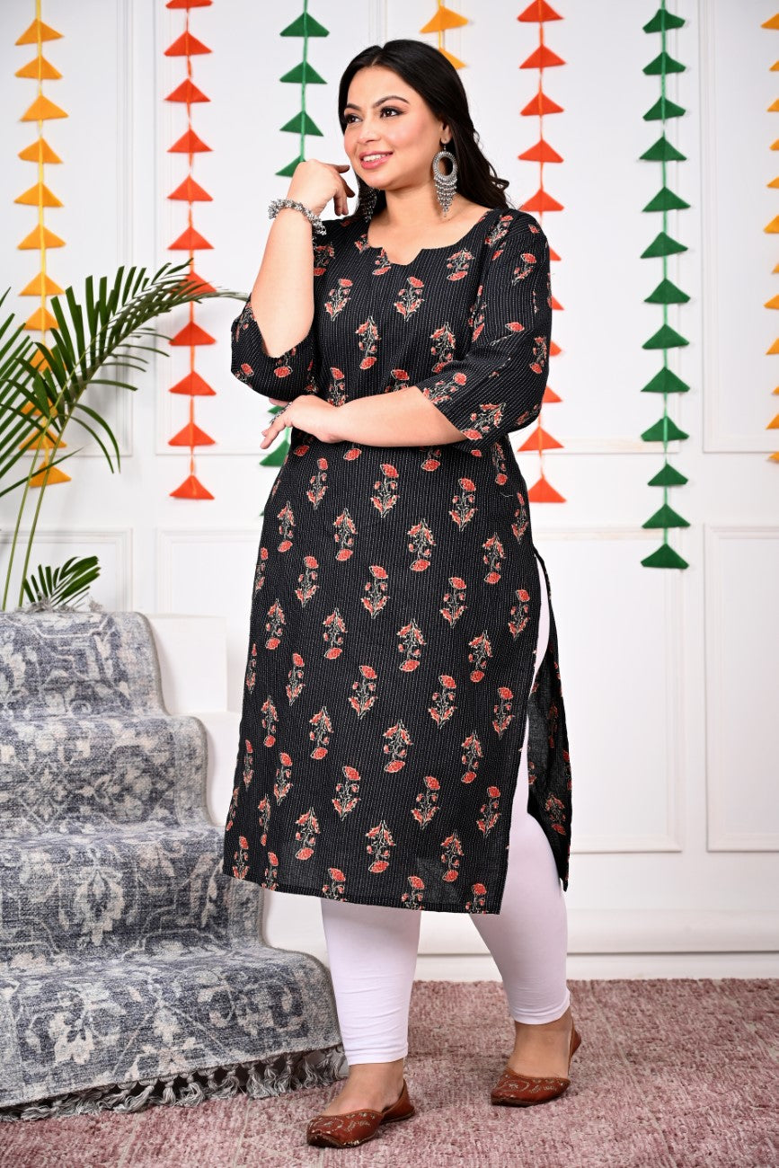 Plus Size Black Cotton Floral Print Straight Kurta-100016