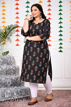 Plus Size Black Cotton Floral Print Straight Kurta-100016