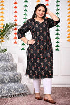 Plus Size Black Cotton Floral Print Straight Kurta-100016